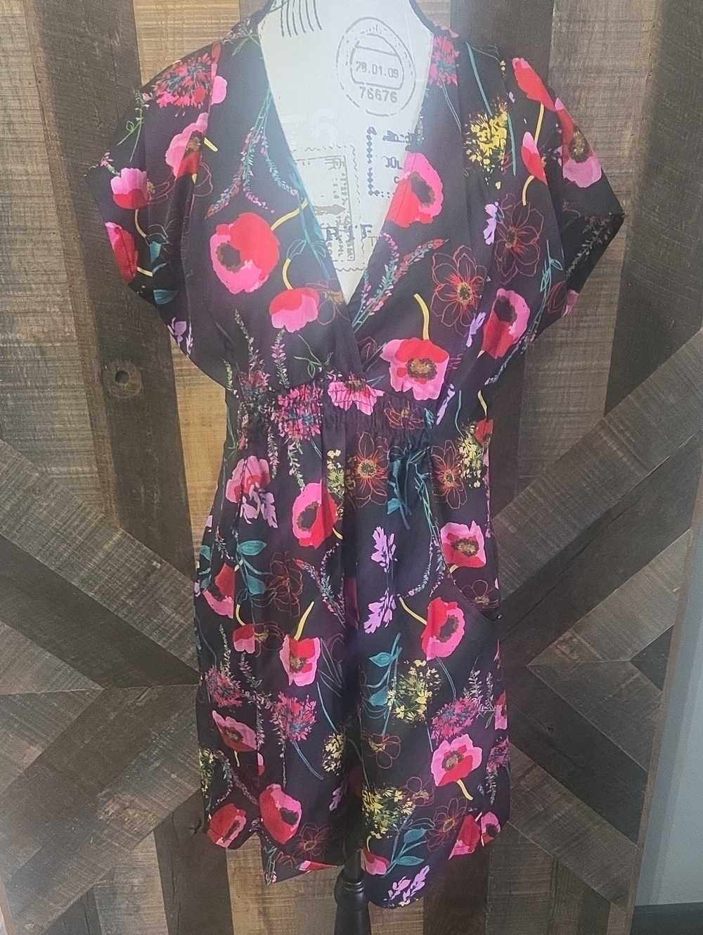 Angie Black Floral V-Neck Dress with Pink and Red Poppies